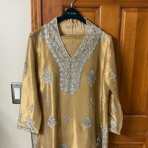Gold Embroidered Kurta Dupatta and Silk Bottoms
